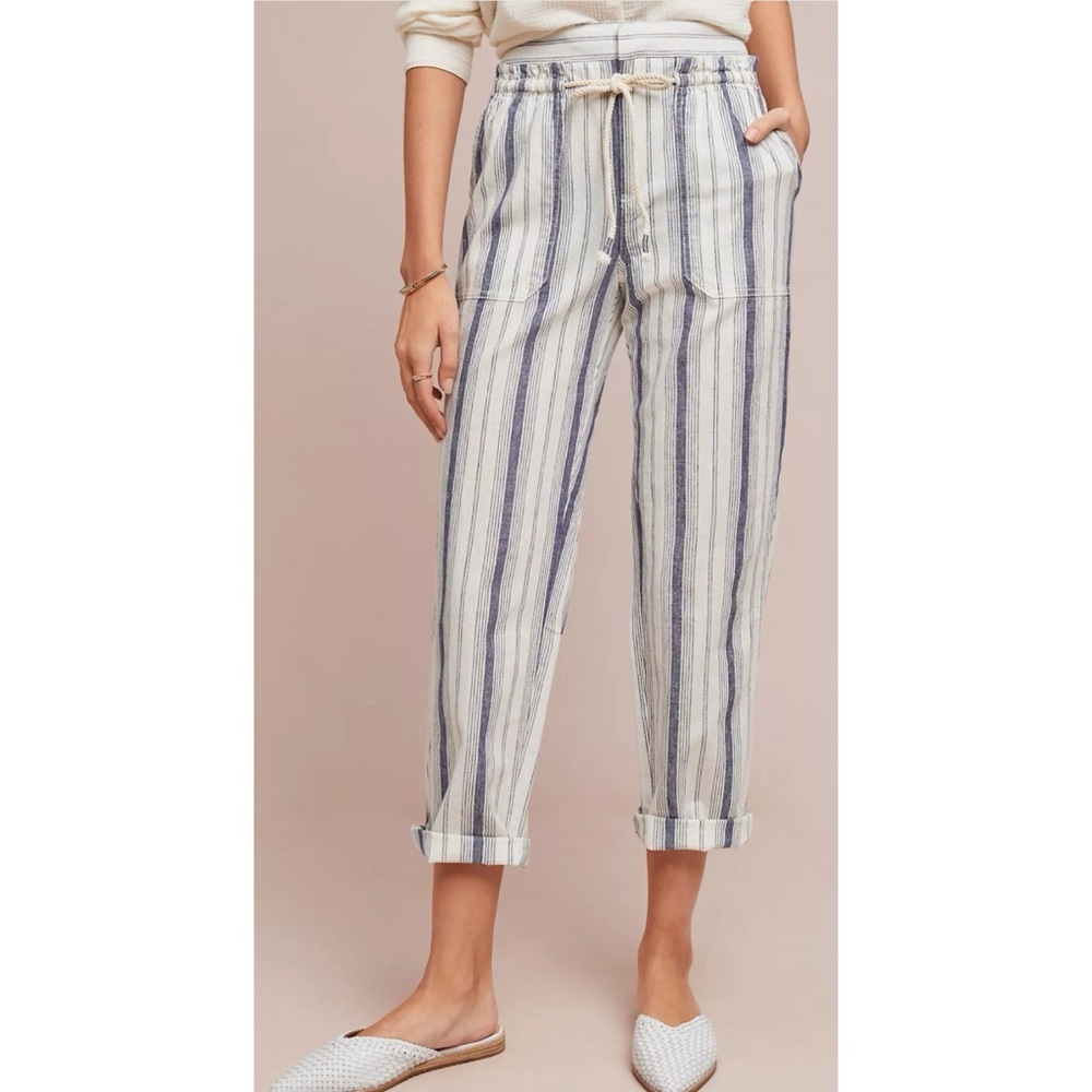 Anthropologie Seashore Blue Striped Linen Blend Pants Size 14